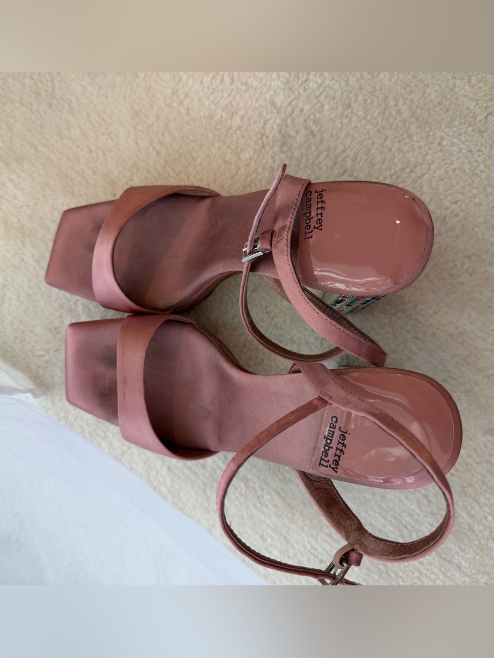 Jeffrey Campbell Pink Satin Multicolor Rhinestone Platform Wedge Heel Sandals - Picture 5 of 13